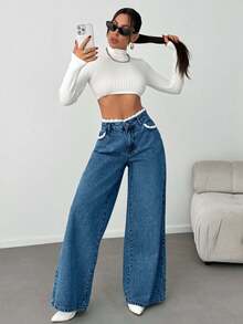 EURMUSE WOMEN DENIM WIDE LEG MID WAIST LACE BELT DETAIL JEANS - Blue - View 3