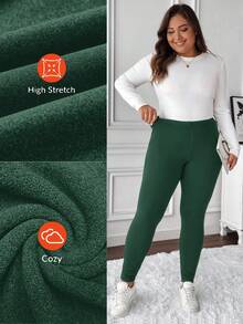 SHEIN LUNE Damskie legginsy plus size w jednolitym kolorze, przyjazne dla skóry, dopasowane, termiczne, z podszewką, zielone legginsy, ciepłe legginsy, krótkie legginsy dla kobiet, wygodne legginsy, termiczne legginsy dla kobiet