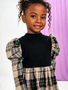 SHEIN Serisse Kids 少女格子羊腿袖立领连衣裙，适合日常休闲穿着，适合返校穿着 - 黑色 - 查看 3