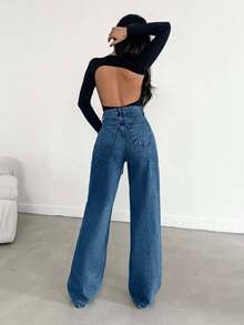 Jeans a vita alta, gamba ampia, orlo lungo, blu - 716 gr