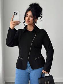 Elenzga Plus Size Fashionable Versatile Casual Solid Color Jacket - Black - View 4
