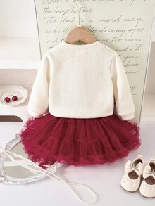 SHEIN Playful Pals 2 Pieces Baby Girls Outfit: Apricot Long Sleeve Cardigan With Bow Decor Top + Burgundy Tulle Cake Skirt, Set For Autumn/Winter Fall - Burgundy - View 2
