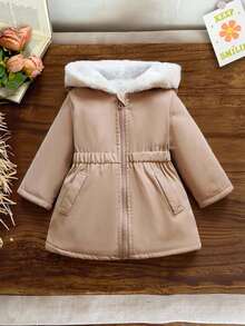 SHEIN Baby Girl Fashionable Versatile Thick Zip-Up Hooded Padded Coat, Suitable For Winter Daily Wear Fall - Khaki - View 10
