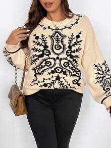 Elenzga Suéter holgado casual de punto jacquard con cuello redondo y hombros caídos en talla grande con contraste de color