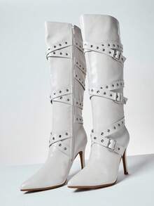 SHUZIA 女式带扣及膝性感尖头细高跟靴 - 米色 - 查看 6