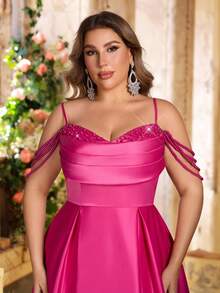 Glamrae 优雅迷人的玫瑰红色露肩珍珠链装饰系腰全裙舞会礼服，大码正式晚礼服（重刺绣） - 玫紅色 - 查看 2