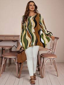 EMERY ROSE Plus Size Women's Black And Gold Wave Striped Crew Neck Long Sleeve Asymmetric Hem Blouse,Autumn Boho Vacation Country Style Fall Winter Clothes - Multicolor - View 5