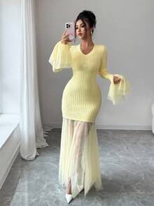 Elenzga Elegant Romantic Fitted A-Line Sweater Dress With Keyhole Neckline, Long Sleeve Fall Winter Cloth For Women