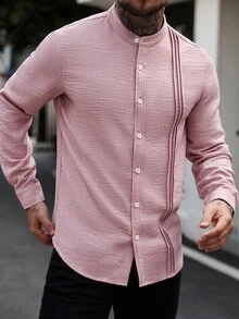 Manfinity Homme Áo sơ mi nam tay dài màu trơn, họa tiết đơn giản, nhăn, họa tiết trơn, chất liệu vải dày dặn, nhẹ nhàng, trưởng thành, mặc đi làm, cài nút, mùa thu - Màu Hồng baby - Xem 4