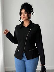 Elenzga Plus Size Fashionable Versatile Casual Solid Color Jacket - Black - View 5