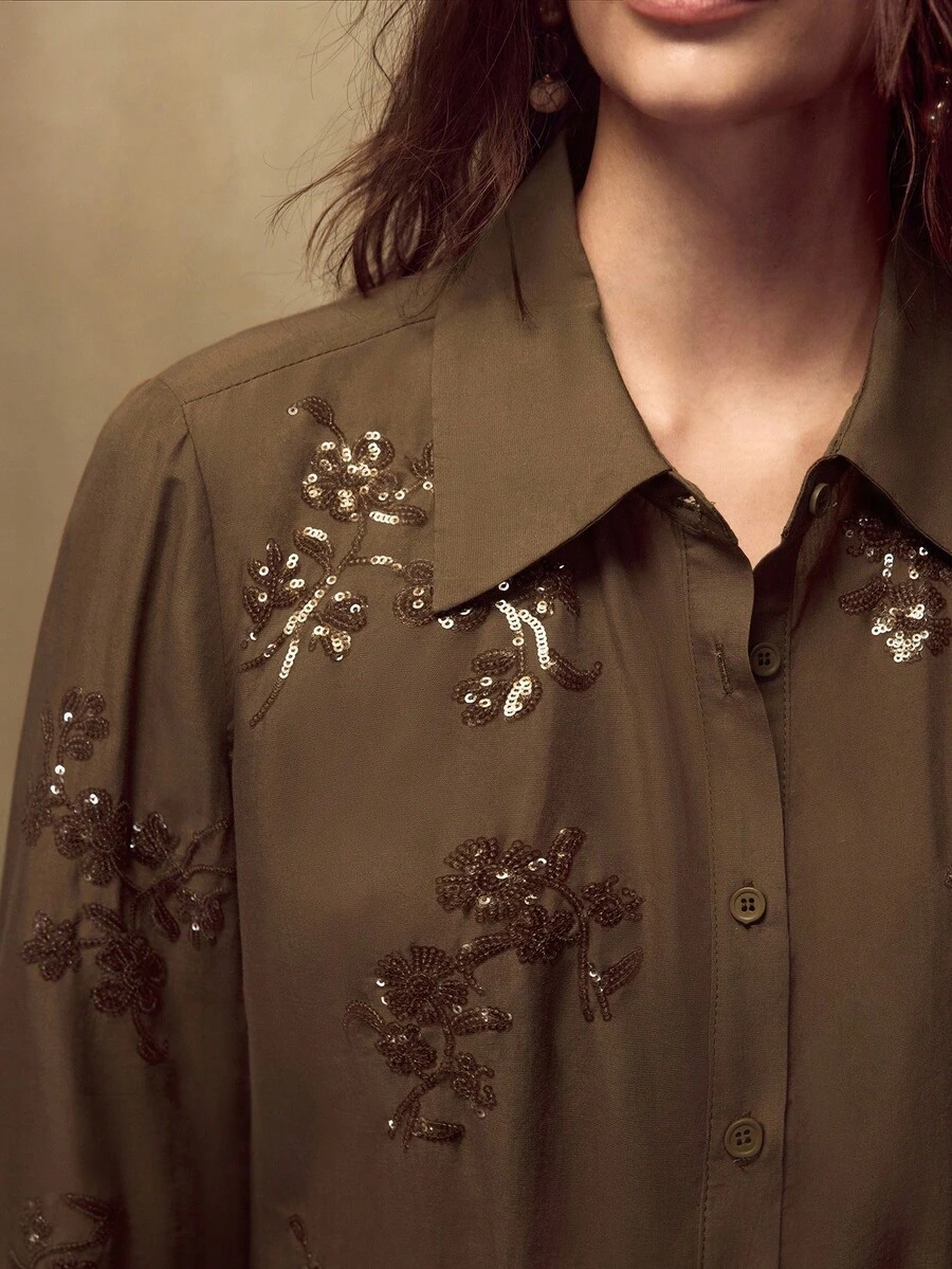 MOTF PREMIUM WOMEN'S ELEGANT SEQUIN EMBROIDERED FRONT BUTTON SHIRT - Coffee Brown - View 1