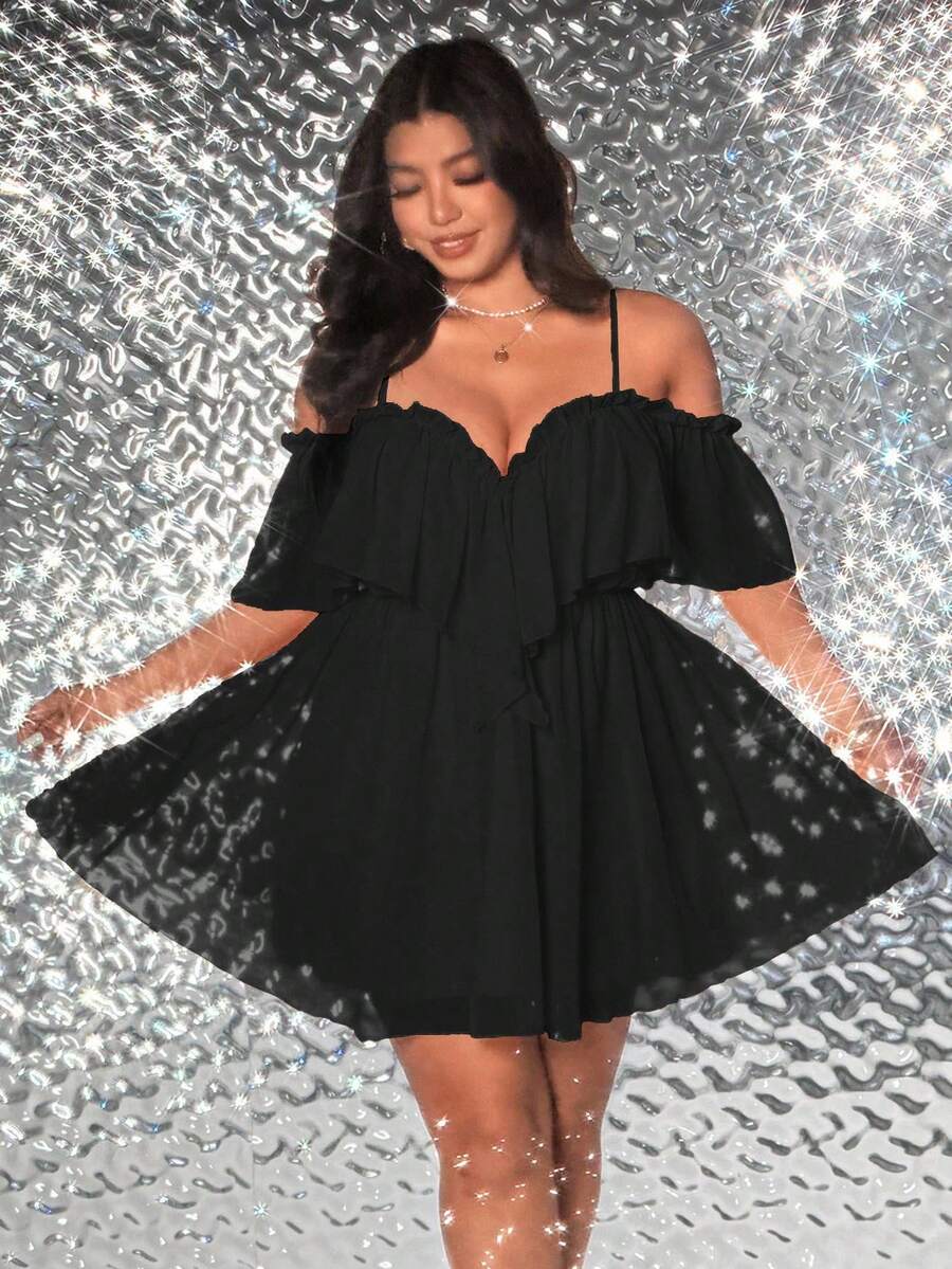 Viva Relle Plus-Size Women's Ruffled Deep V-Neck Strapless One-Shoulder A-Line New Year Dress - Black - View 1