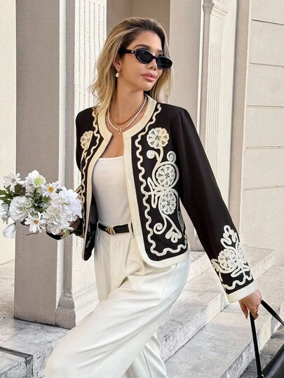 SHEIN Frenchy Women's French Casual Black Contrast Apricot Embroidery Street Casual Versatile Long Sleeve Short Women Long Sleeve Jacket,Suitable For Daily Street Wear And Daily Commuting Coat,Casual Jacket For Autumn/Winter,Falls Women,Fall Women , Women Going Outs French Style ,B2,Vintage,Back To School,Fall,Winter,Women's Winter ,Old Money Women ,Business Casual Women ,All-Season,National Day,New Year Women's