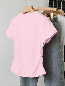 INAWLY Women's Casual Short Sleeve T-Shirt, Waist Cinching Slimming Design, Line & Bowknot Print, Letter Graphic, Youthful & Energetic - Pink - View 2