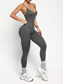 Easithlete 1 pieza Mono de mujer con cuello redondo y detalle de torsión, con lavado desgastado