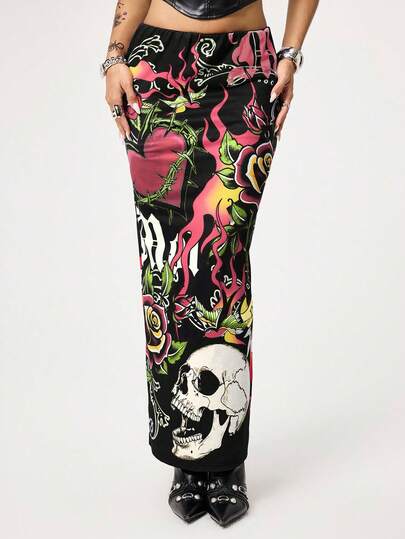ROMWE Avant Y2K Retro Baddie Skeleton Heart Flame Text Print Women Mini Skirt