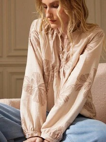 Écloséra Camisa feminina confortável com bordado floral de linho retrô francês, primavera/verão