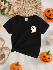 SHEIN Playful Pals 女婴万圣节南瓜、可爱鬼魂、不给糖就捣蛋、怪异小动物、恐怖季节、秋季氛围休闲创意图案印花短袖 T 恤 - 黑色 - 查看 2
