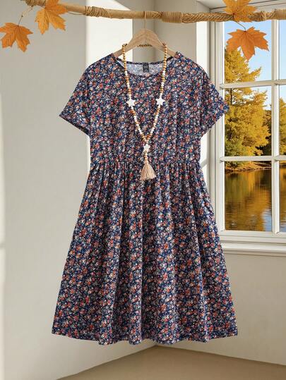 EMERY ROSE Plus Size Women Ditsy Floral Round Neck Short Sleeve Pockets Casual Dress,Summer Outfits For Women,Vacation Outfits For Women,Holiday Outfits Boho,Summer Dresses For Women,Dresses Casual