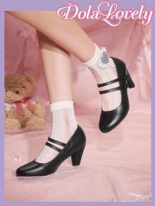 Dola Lovely 女士经典复古玛丽珍圆头双带花卉图案高跟鞋 - 黑色 - 查看 3