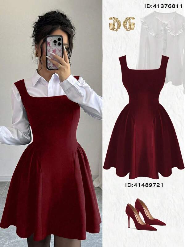 Elenzga Nuevo vestido de línea A con cuello cuadrado y sin mangas, con pliegues en el bajo, de tela texturizada de alta elasticidad y unicolor, elegante y refinado, adecuado para primavera/verano/otoño/invierno, color burdeos, atuendo para mujer, Día de San Valentín