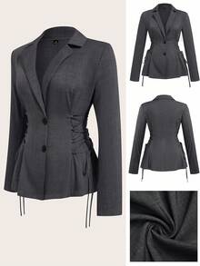 EMERY ROSE Plus Size Women's Solid Color Long Sleeve Full Button Tie Waist Fitted Classic Minimalist Business Elegant Commuter Blazer Fall Cloth For Women Autumn