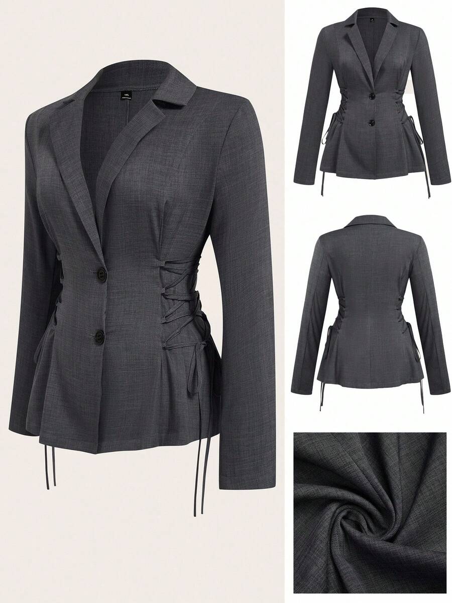 EMERY ROSE Plus Size Women's Solid Color Long Sleeve Full Button Tie Waist Fitted Classic Minimalist Business Elegant Commuter Blazer Fall Cloth For Women Autumn