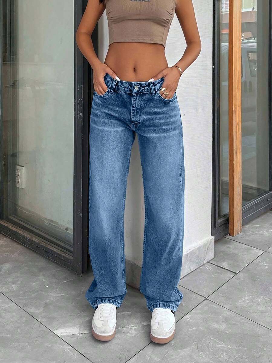 SHEIN Cottnline LOW RISE CROPPED STRAIGHT CUT WOMEN JEAN - Blue - View 1