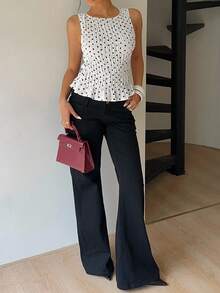 Siren Gaze 女士褶皱衬衫，波尔卡圆点吊带背心，适合所有季节，休闲日常穿着，复古，街头潮流 - 黑與白 - 查看 6