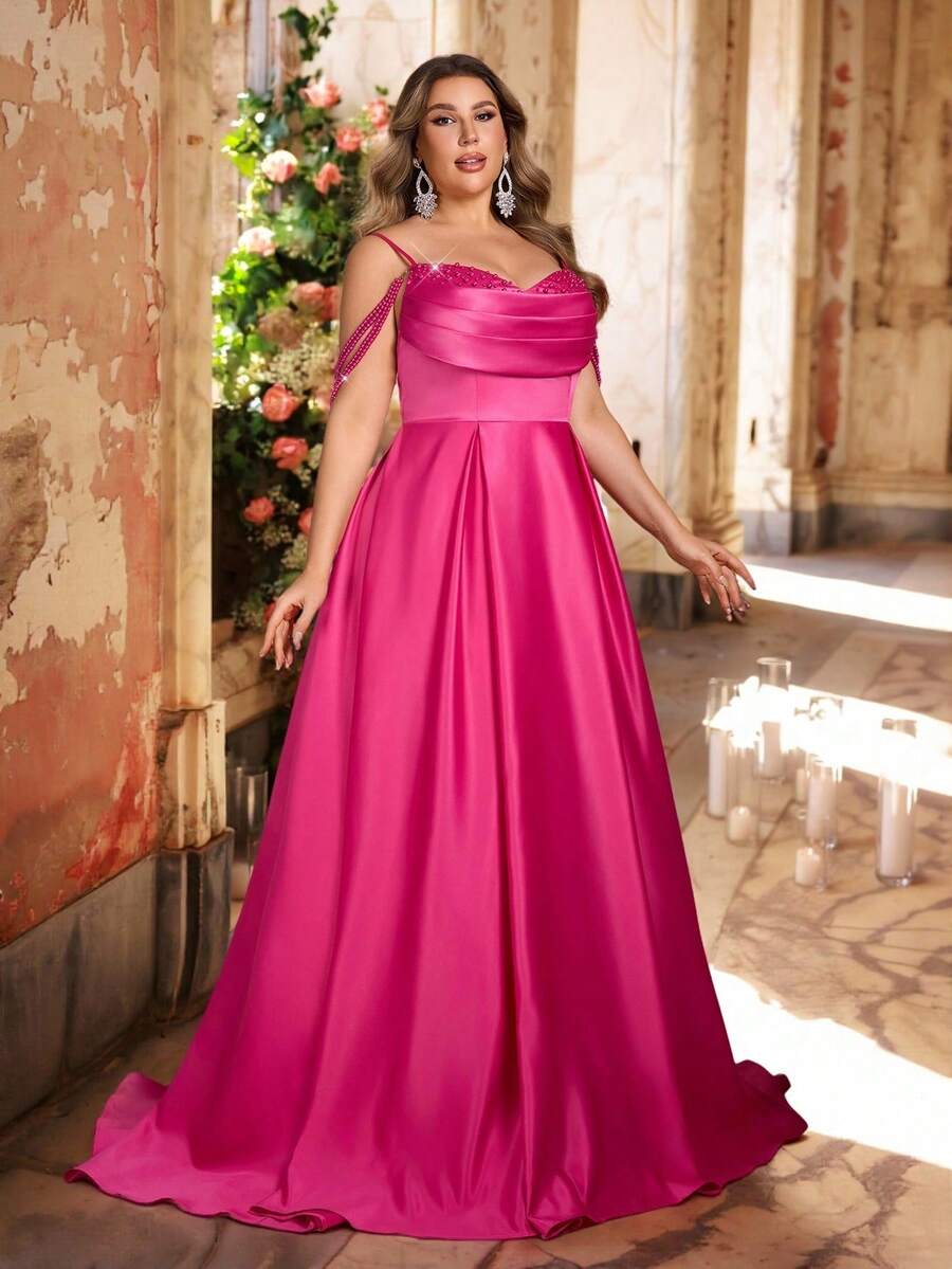 Glamrae 优雅迷人的玫瑰红色露肩珍珠链装饰系腰全裙舞会礼服，大码正式晚礼服（重刺绣） - 玫紅色 - 查看 1