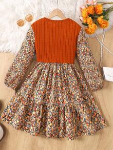 SHEIN 少女花卉拼布束腰A字长袖复古优雅休闲圆领花卉连衣裙 - 彩色 - 查看 2