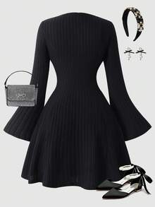 Vestido de línea A con cuello de lazo elegante vintage, mangas acampanadas acanaladas para adolescentes - Negro - Ver 2