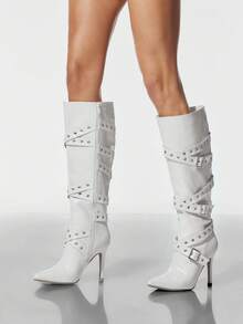 SHUZIA 女式带扣及膝性感尖头细高跟靴 - 米色 - 查看 3