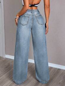 EURMUSE Jeans casual e ampi da donna con tasche, moda da strada - blu polveroso - Visualizzare 2