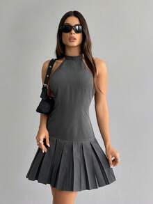 INAWLY Women's Casual Simple Solid Color Sleeveless Mini Dress, Daily Wear - Dark Grey - View 3