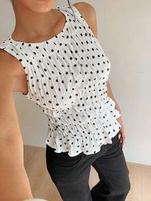 Siren Gaze 女士褶皱衬衫，波尔卡圆点吊带背心，适合所有季节，休闲日常穿着，复古，街头潮流 - 黑與白 - 查看 3