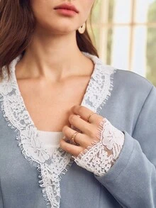 SHEIN Clasi Áo khoác len cardigan cổ chữ V thêu ren dành cho nữ, phong cách tối giản thanh lịch, phù hợp cho Halloween, Lễ Tạ ơn, Năm mới, Thu/Đông - Màu xanh bụi bặm - Xem 5