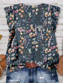 EMERY ROSE Damen Große Größen Lässig Blumen Muster V-Ausschnitt Volantärmel Bluse, geeignet für Sommer Blumen Bluse Damen Boho Hemden Damen Damen Sommer Blusen Sommer Lässig Tops im Herbst/Winter - Graublau - Übersicht 2