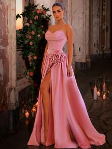 Glamrae Elegant Satin Strapless Asymmetric Ruffle Beaded Luxurious A-Line High Slit Maxi Dress,Suitable For Dates,Graduations,Weddings,Formal Occasions,Gala - Dusty Pink - View 6