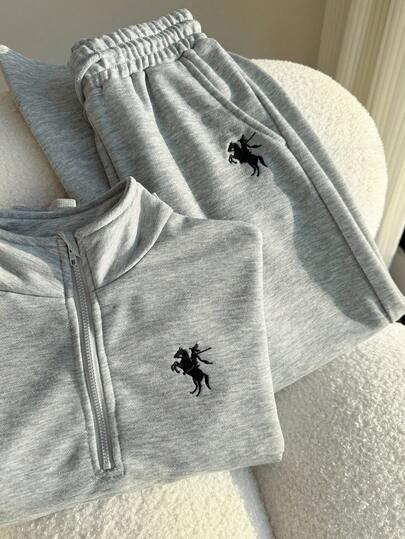 SHEIN 2 Stücke/Set Mädchen Lässig Outfit, Polokragen Reißverschluss Langarm Sweatshirt mit weiter Passform und überweit geschnittene Hose, Sportanzug für den täglichen Gebrauch und zum Training