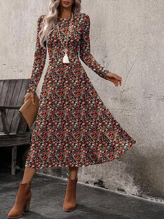 EMERY ROSE Women's Vintage Ditsy Floral Mini Floral Long Sleeve Round Neck Dress,Fall
