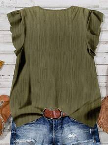 EMERY ROSE Chemise ample à col en V et manches courtes pour femmes, vert olive