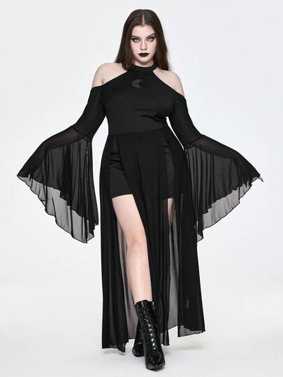 Plus Size Women Gothic Crescent Moon Hollow Mesh Patchwork Off-Shoulder Flare Sleeve Dress