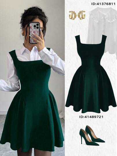 Elenzga Nuevo vestido tipo línea A sin mangas de cuello cuadrado, con dobladillo drapeado, tela elástica, unicolor, ajuste esbelta casual, con cintura, favorecedora, apta para uso diario, primavera/verano/otoño/invierno