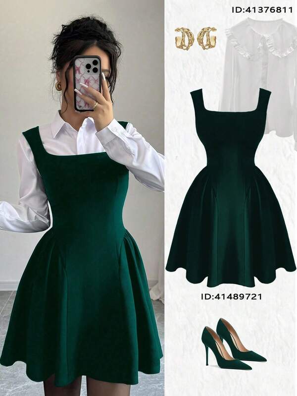 Elenzga New Square Neck Sleeveless A-Line Dress, Ruched Hem, Elastic Fabric, Solid Color, Casual Slim Fit, Waisted, Flattering, Suitable For Commute, Everyday Wear, Spring/Summer/Autumn/Winter, Christmas