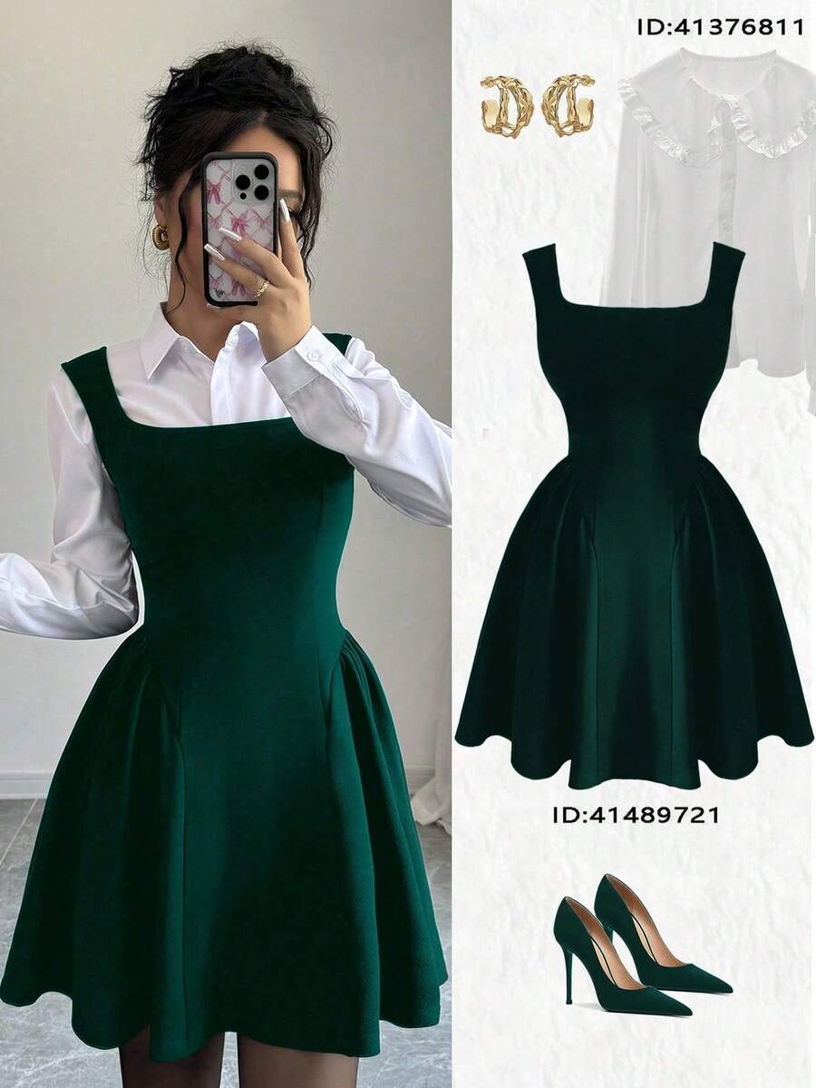 Selianne 新款方领无袖 A 字裙，褶皱下摆，弹性面料，纯色，休闲修身，收腰，修身，适合通勤，日常穿着，春夏秋冬