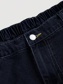 EURMUSE MOD 加大码 Y2k 牛仔裤宽松街头风格性感蓝色牛仔阔腿裤，阔腿裤，返校服，教师裤，秋装，女士牛仔裤，灰色牛仔裤，直筒牛仔裤，宽松牛仔裤，休闲女装，阔腿裤 - 深色水洗藍 - 查看 3