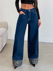 EURMUSE Women's Straight Comfortable Breathable Loose High Rise Wide Leg Jeans With Leopard Print - Dark Wash - View 3