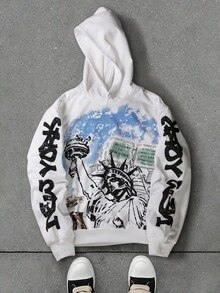 Manfinity EMRG Men's Casual Letter Print Long Sleeve Loose Fit Hoodie Sweatshirt, Autumn Graphic New York Statue Of Liberty Streetwear Y2k Graphic Hoodie. Men's Oversized Statue Of Liberty Graphic Hoodie, Ultra Loose Pullover Sweatshirt, Winter Fashion, Halloween, Perfect Gift For Boyfriend Or Husband