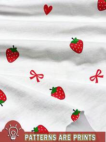 SHEIN EZwear Camiseta feminina casual minimalista com estampa gráfica de laço de morango e gola redonda, manga curta e folgada, adequada para férias, festivais de música, viagens de meninas